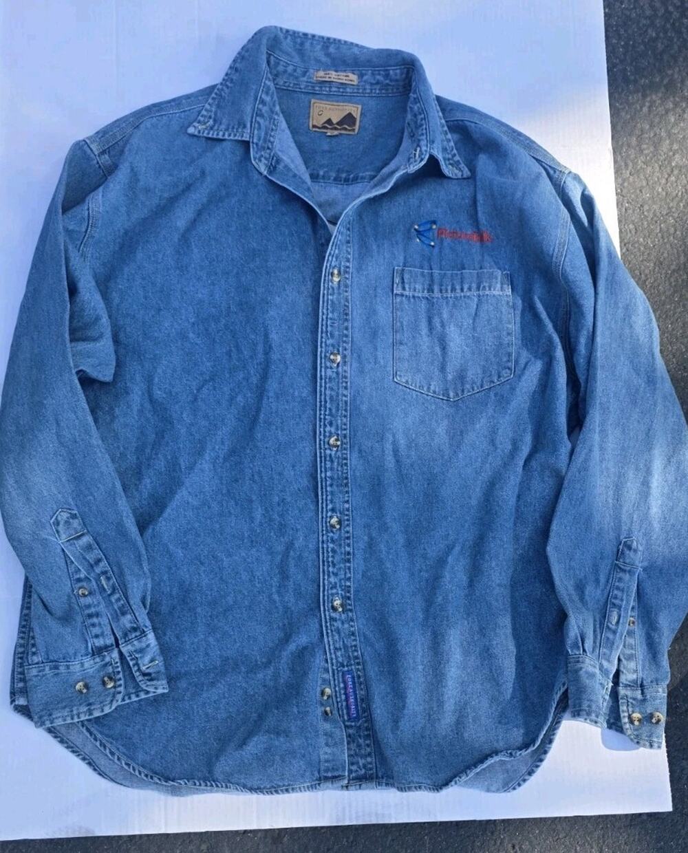 Vintage PictureTalk Logo Denim Shirt Men’s L Blue Button Up Long Sleeve